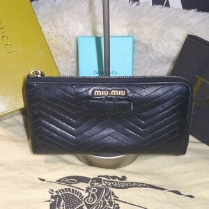 Miu Miu Black Quilted Leather Zip- Around Wallet w/ Bow NOW ONLY $150
